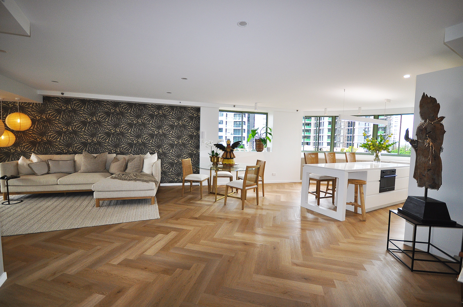 Completed contemporary apartment renovation featuring open-plan living, designer furnishings, and Main Beach Design signature aesthetic